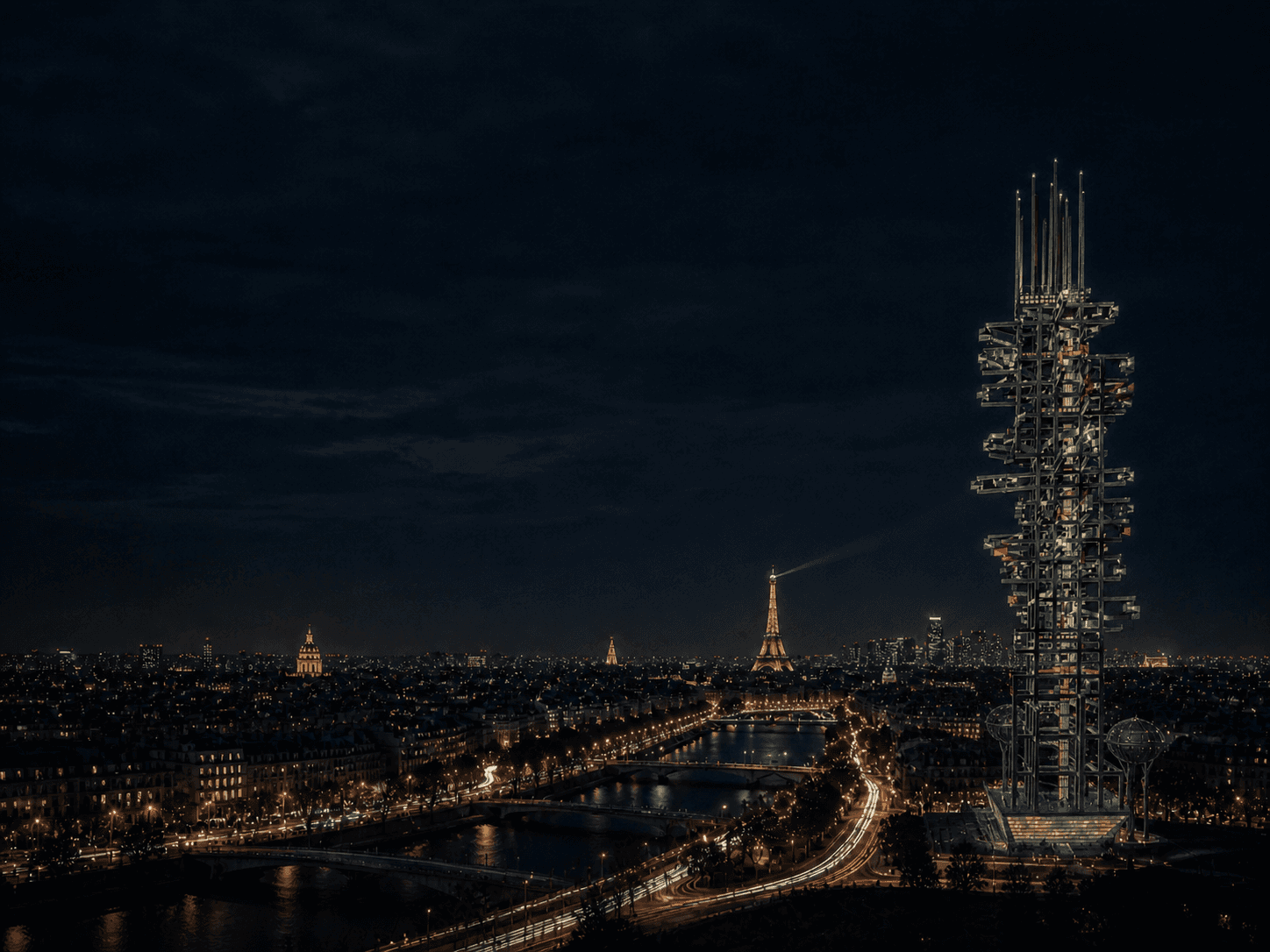 Rendering della Tour Lumière Cybernétique di Nicolas Schöffer per La Défense, Parigi (1969)
